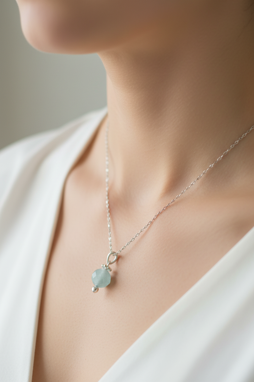 Collar aguamarina en modelo - enfoque en joya