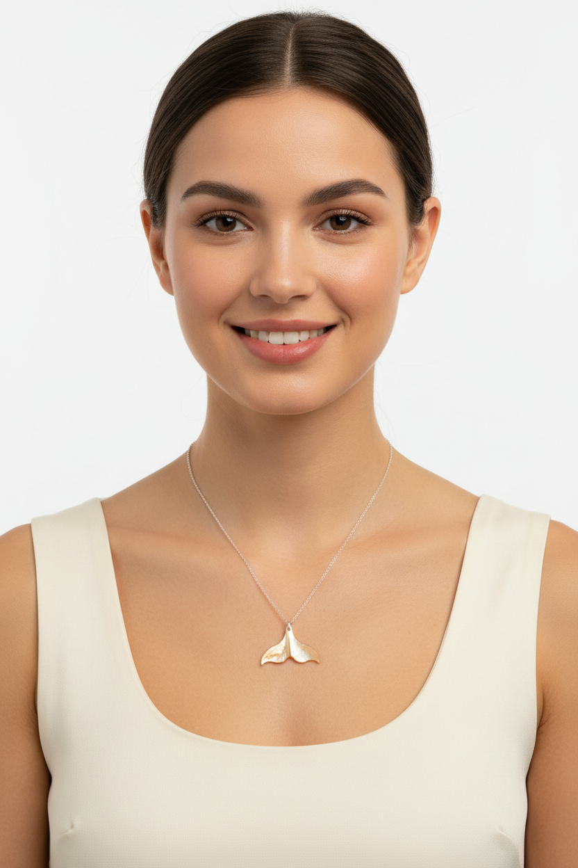 Collar cola de ballena nácar dorado en modelo sonriendo