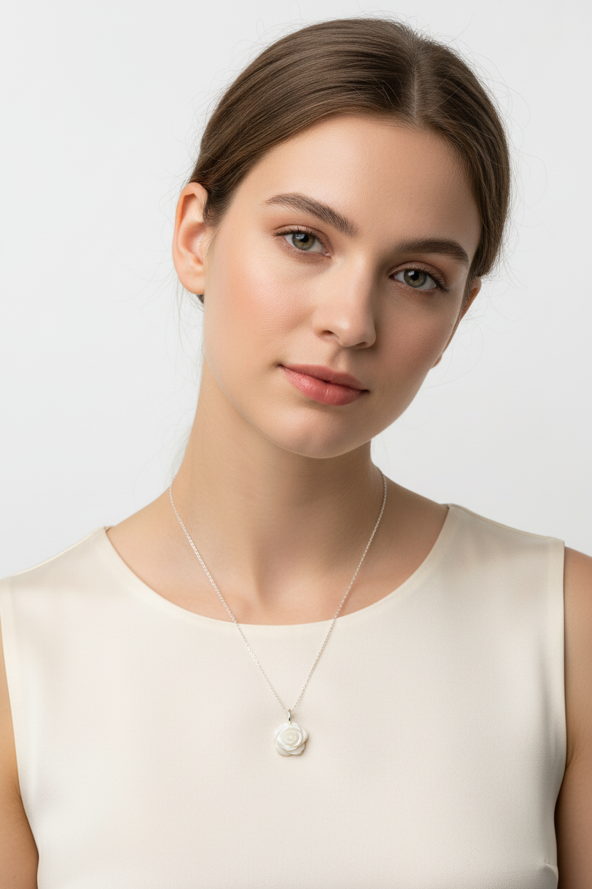 Collar rosa nácar en modelo con ropa y rostro