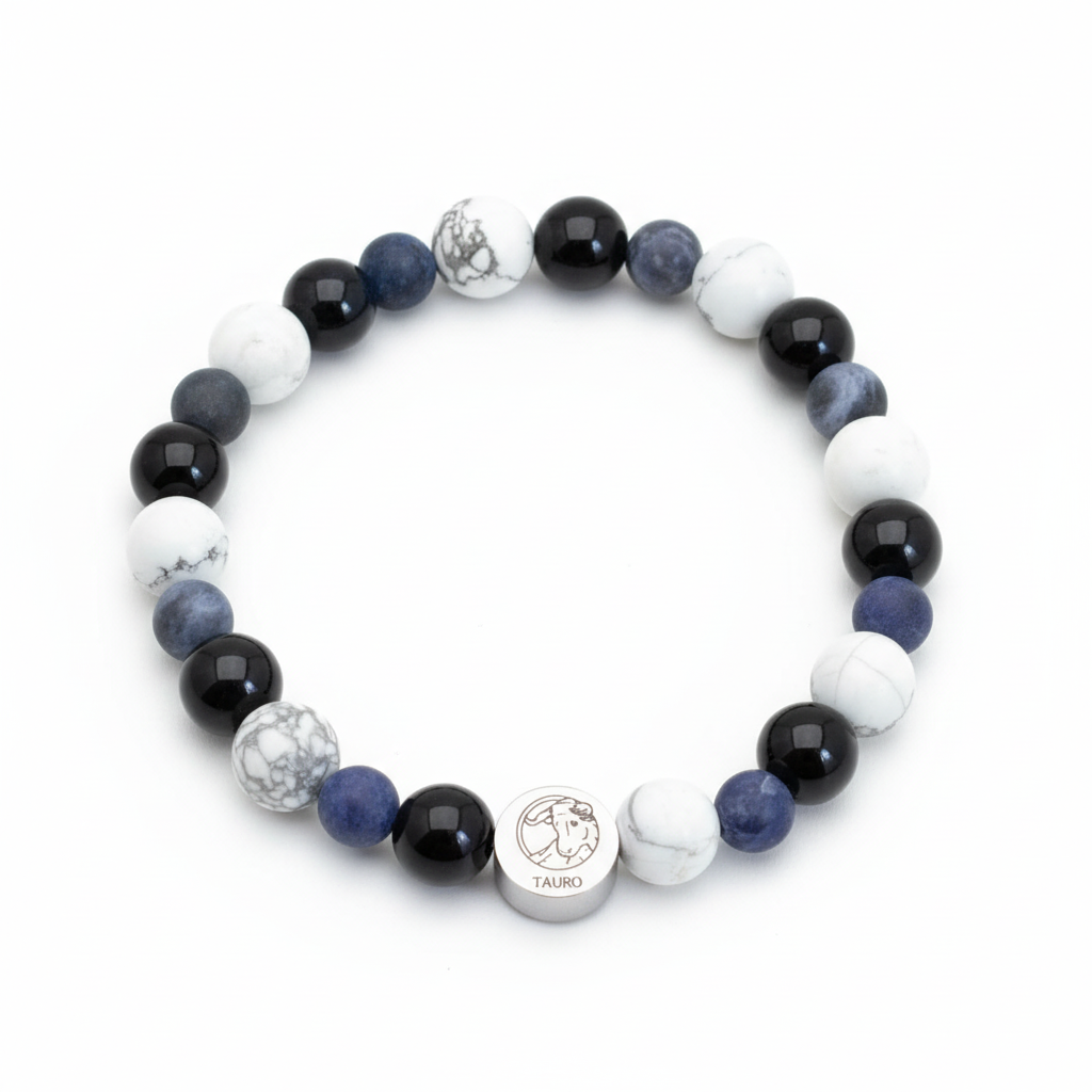 Pulsera blanca, negra y azul con fondo blanco