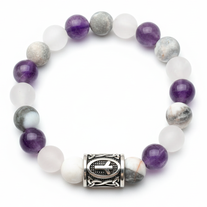 Pulsera morada, blanca y gris con fondo blanco