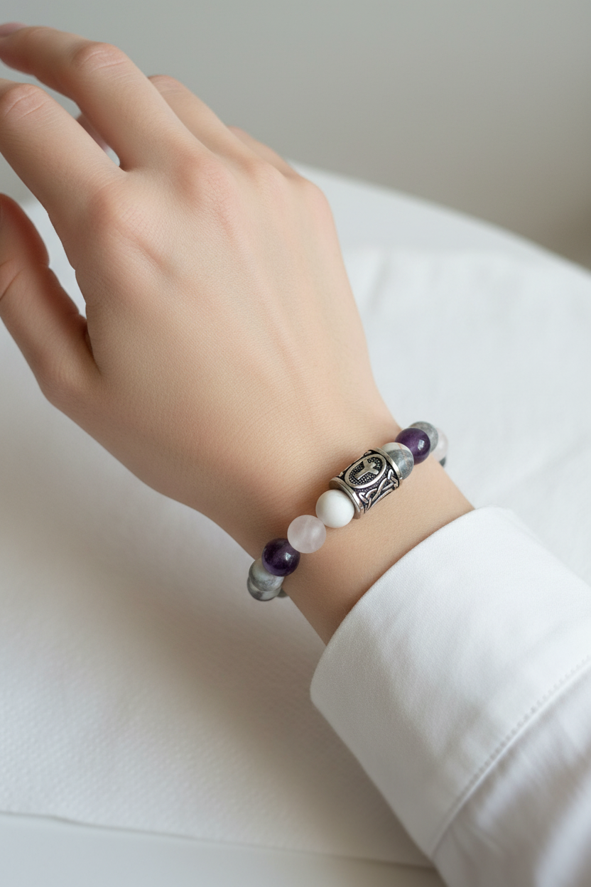 Pulsera morada en modelo mujer